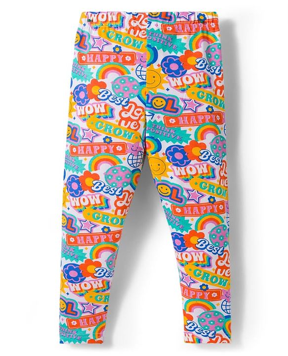 Babyhug Cotton Lycra Knit Full Length Polka Dot & Floral Printed Leggings Pack of 3 - Blue Orange & White