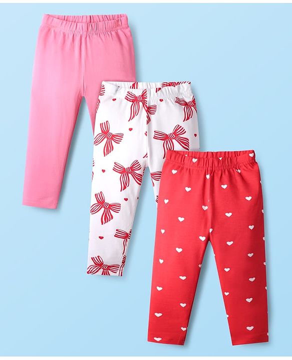 Babyhug Cotton Knit Full Length Leggings With Floral Print Pack Of 3 - Pink Red & White