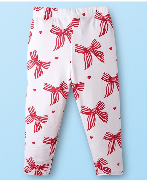 Babyhug Cotton Knit Full Length Leggings With Floral Print Pack Of 3 - Pink Red & White