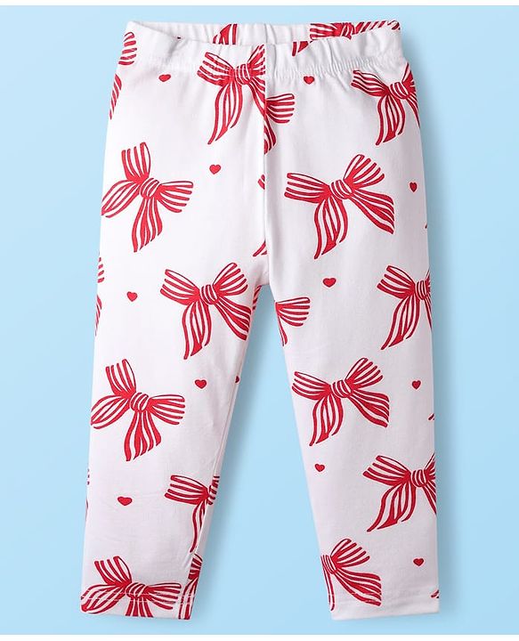 Babyhug Cotton Knit Full Length Leggings With Floral Print Pack Of 3 - Pink Red & White