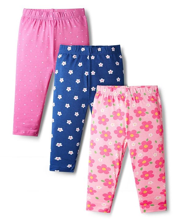 Babyhug Cotton Knit Full Length Leggings With Floral Print Pack Of 3 - Pink & Navy Blue