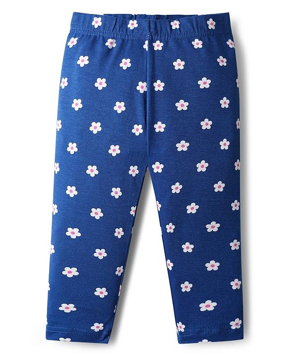 Babyhug Cotton Knit Full Length Leggings With Floral Print Pack Of 3 - Pink & Navy Blue