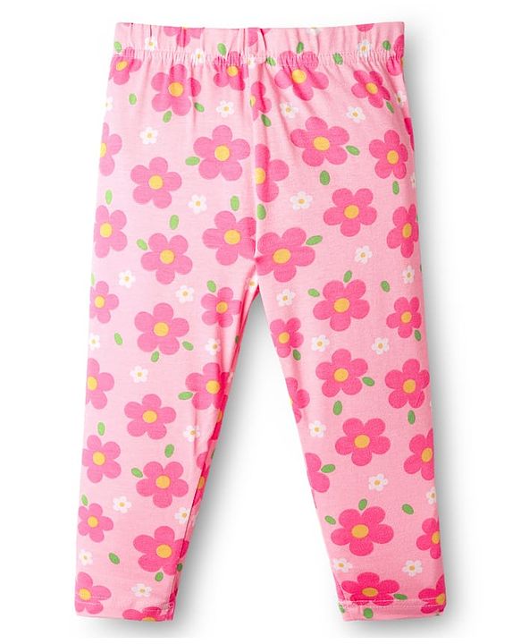 Babyhug Cotton Knit Full Length Leggings With Floral Print Pack Of 3 - Pink & Navy Blue