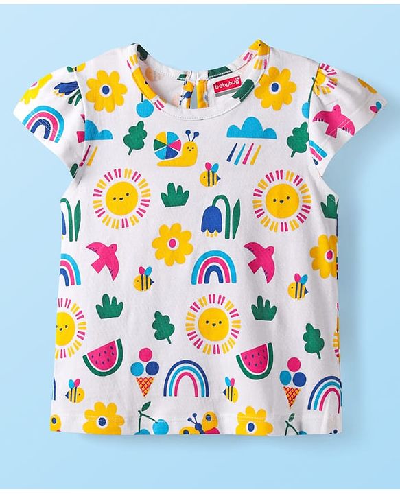 Babyhug Cotton Woven Frock with Half Sleeves Inner Tee & Tropical Theme Print - Dark Pink & White