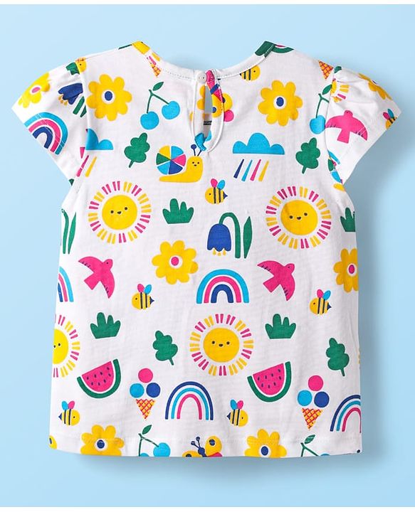 Babyhug Cotton Woven Frock with Half Sleeves Inner Tee & Tropical Theme Print - Dark Pink & White