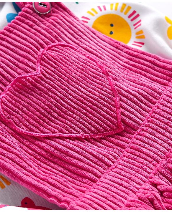 Babyhug Cotton Woven Frock with Half Sleeves Inner Tee & Tropical Theme Print - Dark Pink & White