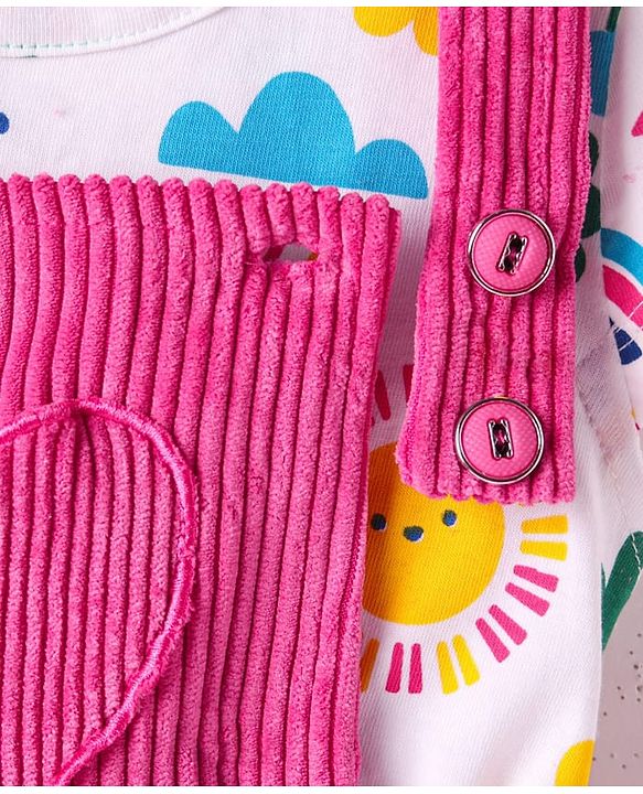 Babyhug Cotton Woven Frock with Half Sleeves Inner Tee & Tropical Theme Print - Dark Pink & White