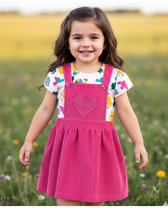 Babyhug Cotton Woven Frock with Half Sleeves Inner Tee & Tropical Theme Print - Dark Pink & White