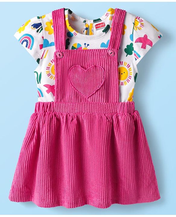 Babyhug Cotton Woven Frock with Half Sleeves Inner Tee & Tropical Theme Print - Dark Pink & White