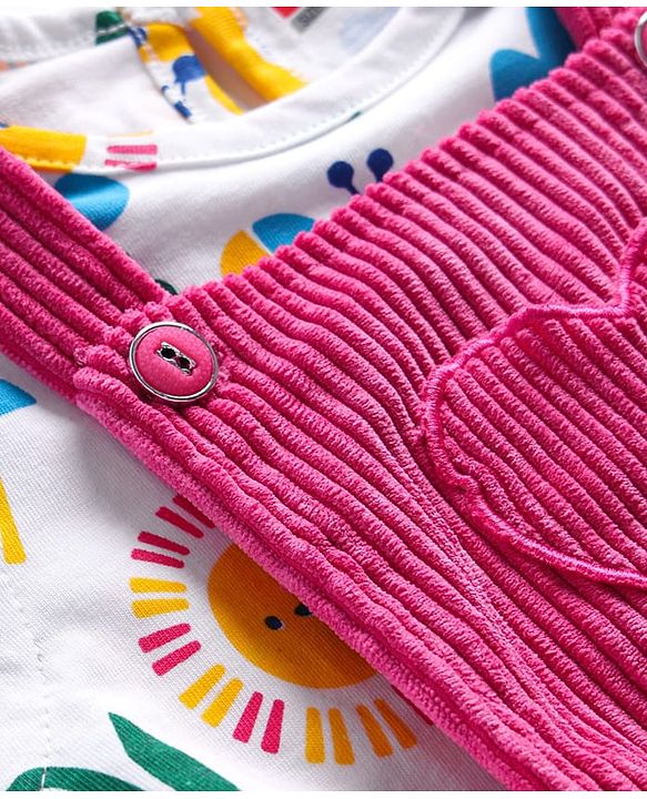 Babyhug Cotton Woven Frock with Half Sleeves Inner Tee & Tropical Theme Print - Dark Pink & White