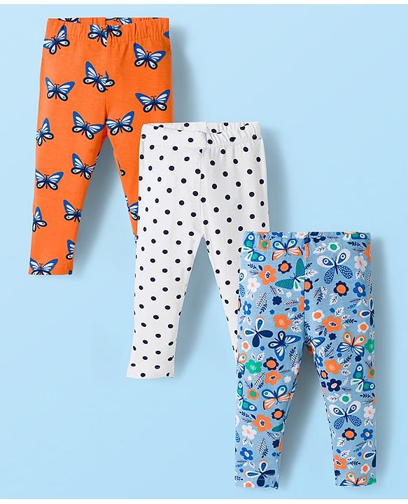 Babyhug Cotton Lycra Knit Full Length Butterfly & Polka Dot Printed Leggings Pack of 3 - Orange Blue & White