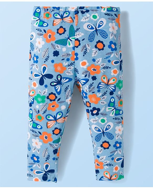 Babyhug Cotton Lycra Knit Full Length Butterfly & Polka Dot Printed Leggings Pack of 3 - Orange Blue & White