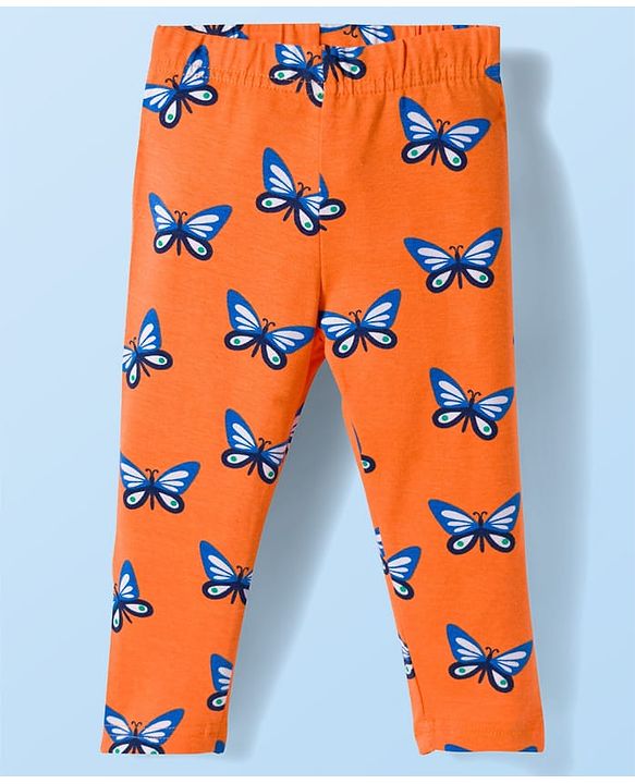 Babyhug Cotton Lycra Knit Full Length Butterfly & Polka Dot Printed Leggings Pack of 3 - Orange Blue & White