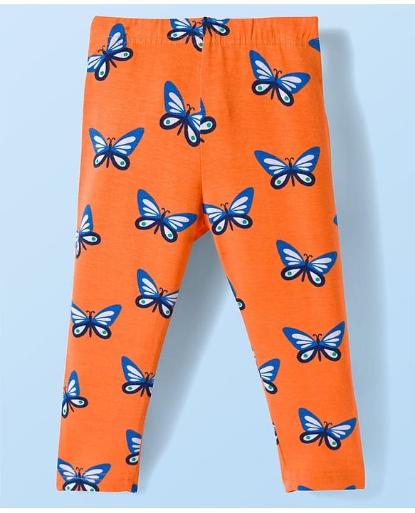 Babyhug Cotton Lycra Knit Full Length Butterfly & Polka Dot Printed Leggings Pack of 3 - Orange Blue & White