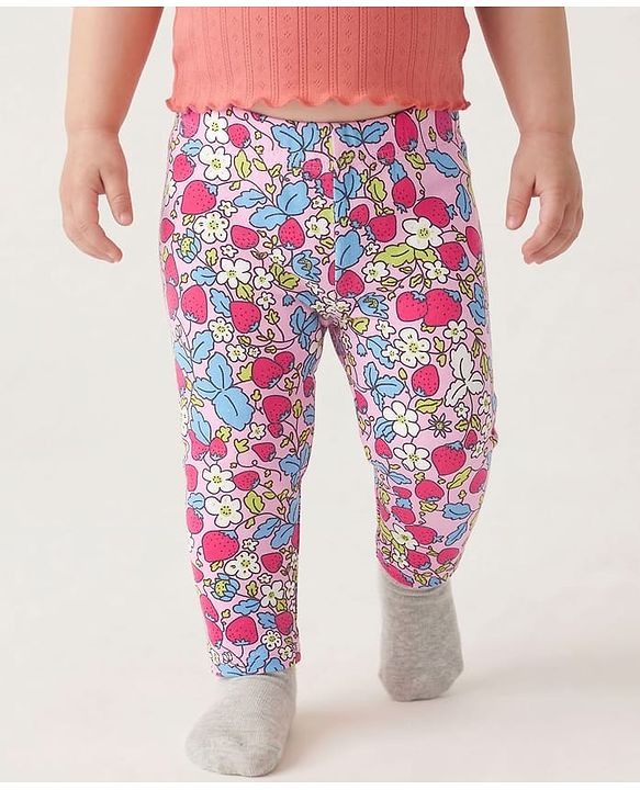 Babyhug Cotton Knit Full Length Leggings With Floral & Polka Dots Pack Of 3 - Pink & Purple