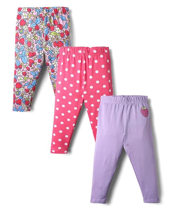 Babyhug Cotton Knit Full Length Leggings With Floral & Polka Dots Pack Of 3 - Pink & Purple