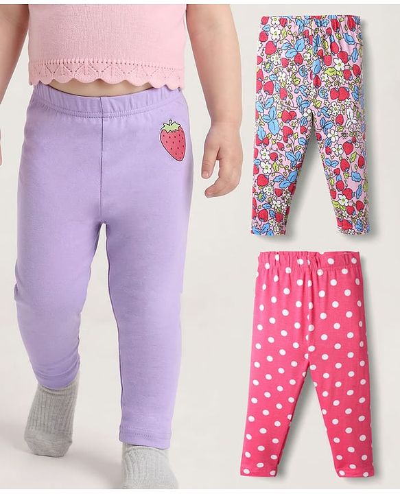 Babyhug Cotton Knit Full Length Leggings With Floral & Polka Dots Pack Of 3 - Pink & Purple