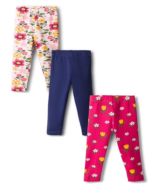 Babyhug Cotton Lycra Knit Full Length Floral Printed Leggings Pack of 3 - Navy Blue Pink & White