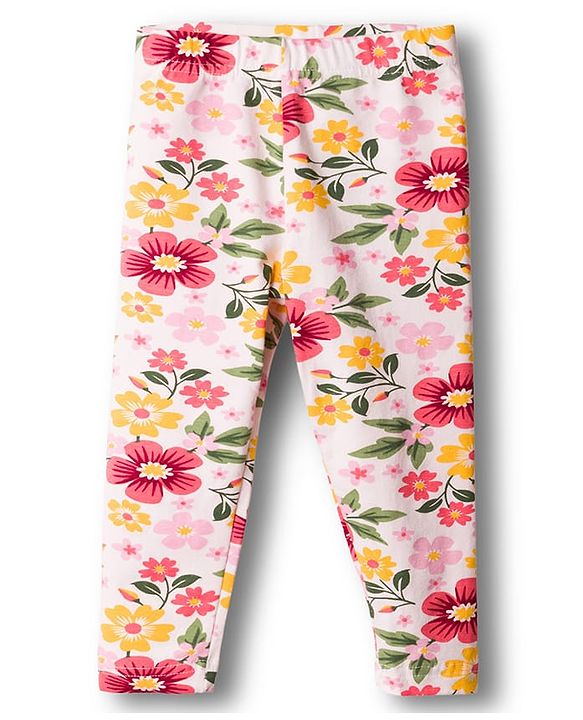 Babyhug Cotton Lycra Knit Full Length Floral Printed Leggings Pack of 3 - Navy Blue Pink & White
