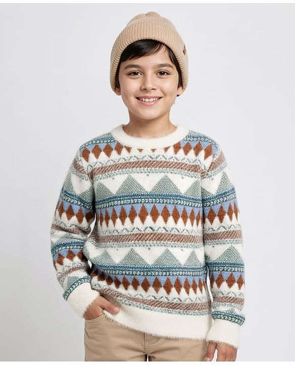 Pine Kids Knit Full Sleeves Pullover Sweater With Ethnic Print - White