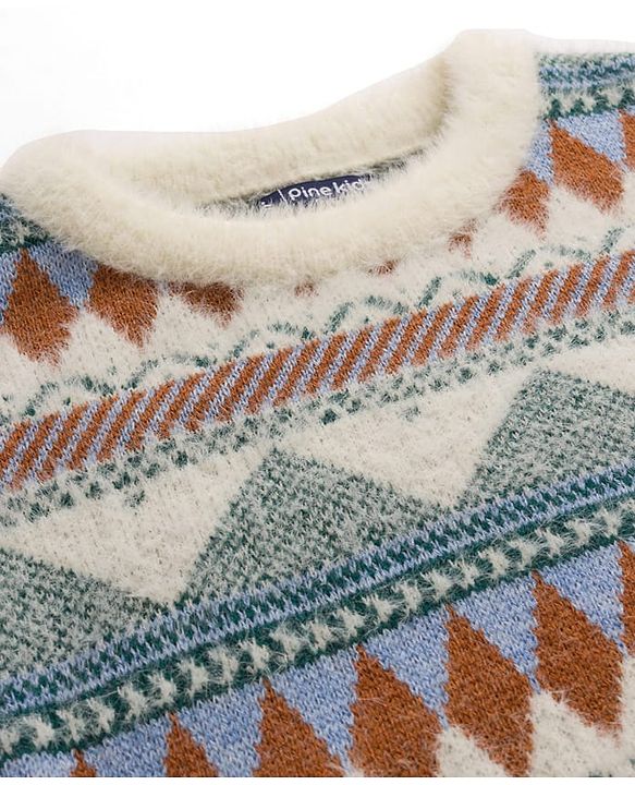 Pine Kids Knit Full Sleeves Pullover Sweater With Ethnic Print - White