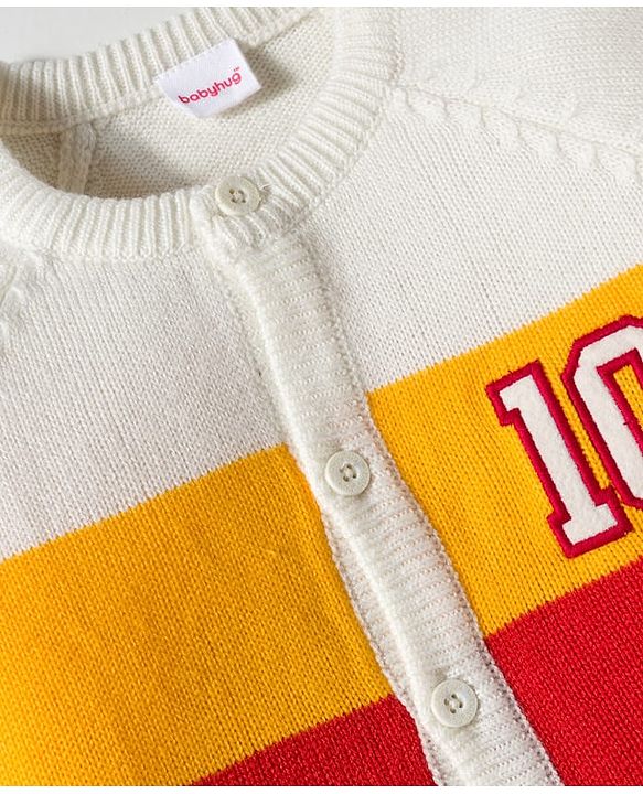 Babyhug Knit Full Raglan  Sleeves Front Open Sweater with Stripes - Red & White