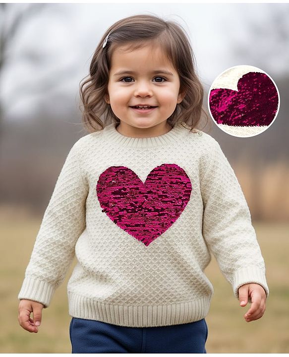Babyhug Knitted Full Sleeves Pullover Sweater With Reversible Sequins - White