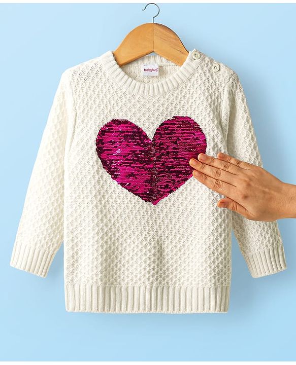 Babyhug Knitted Full Sleeves Pullover Sweater With Reversible Sequins - White
