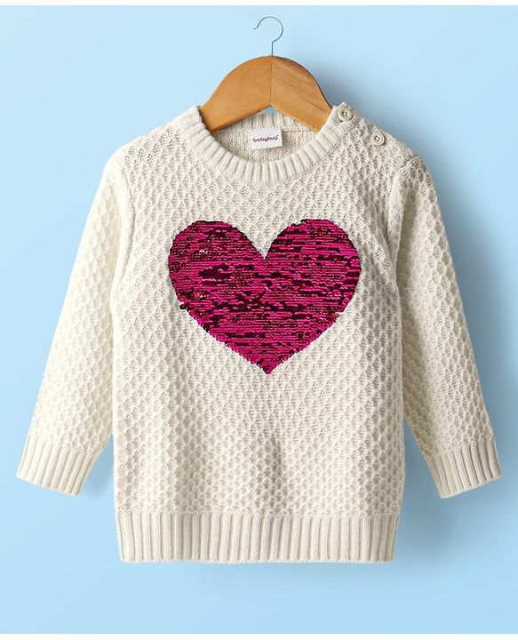 Babyhug Knitted Full Sleeves Pullover Sweater With Reversible Sequins - White