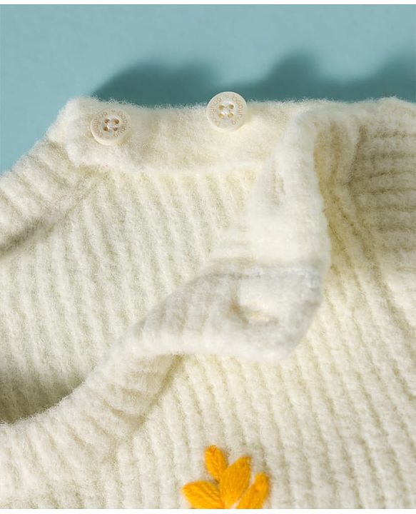 Babyhug Knitted Full Sleeves Pullover Sweater With Floral Embroidery - Off White