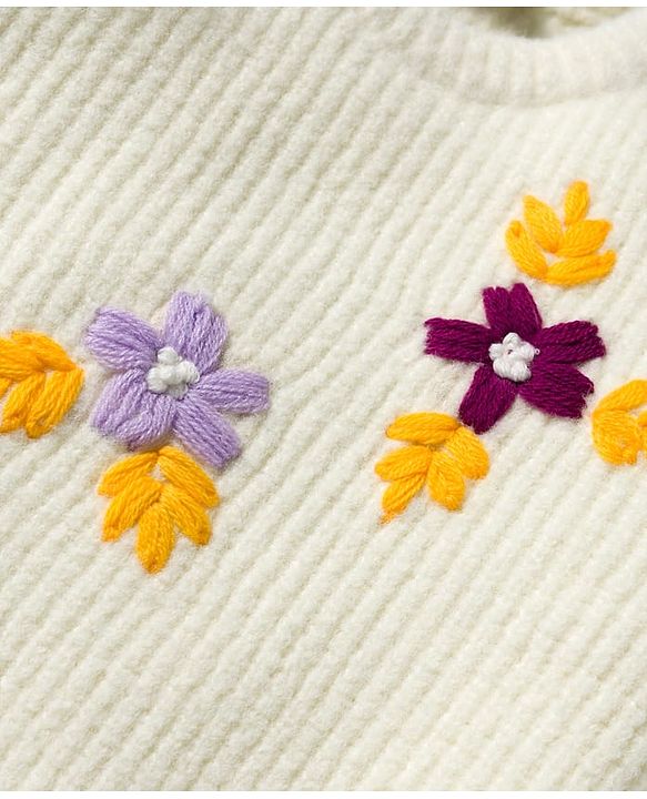 Babyhug Knitted Full Sleeves Pullover Sweater With Floral Embroidery - Off White