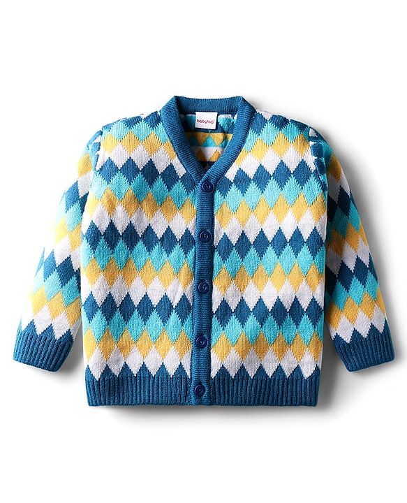 Babyhug Knit Full Sleeves Front Open Sweater Set with Diamond Design - Blue