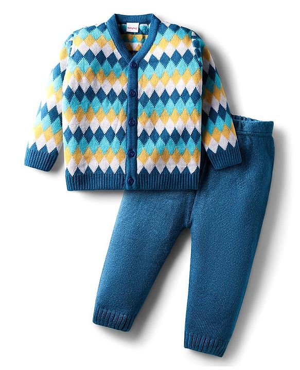 Babyhug Knit Full Sleeves Front Open Sweater Set with Diamond Design - Blue