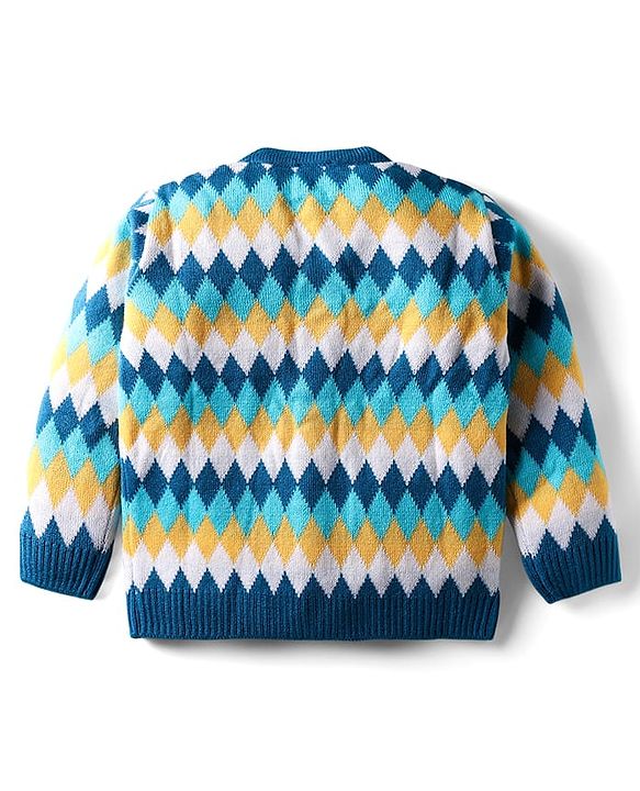 Babyhug Knit Full Sleeves Front Open Sweater Set with Diamond Design - Blue