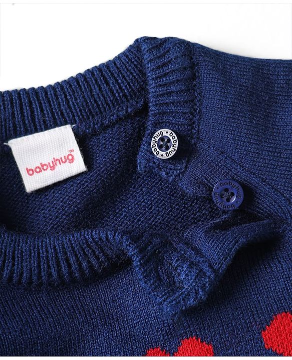 Babyhug Knitted Full Raglan Sleeves Pullover Sweater Set With Heart Design - Navy Blue