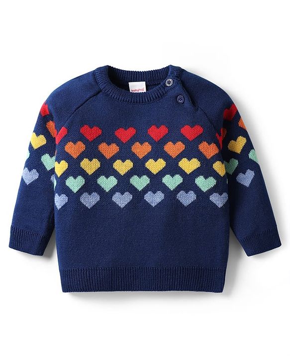 Babyhug Knitted Full Raglan Sleeves Pullover Sweater Set With Heart Design - Navy Blue