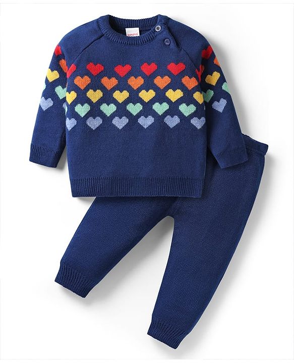 Babyhug Knitted Full Raglan Sleeves Pullover Sweater Set With Heart Design - Navy Blue