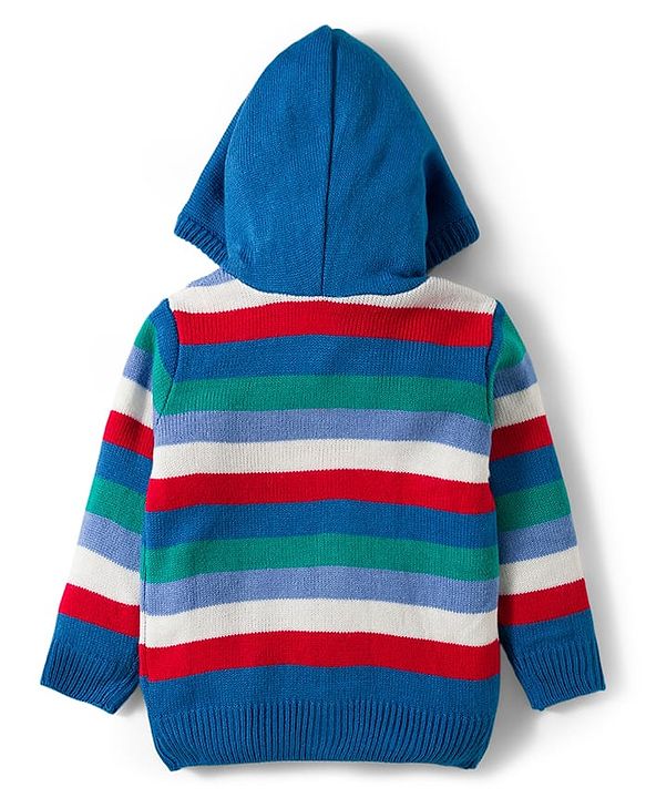 Babyhug Knit Full Sleeves Hooded Front Open Sweater Set with Stripes - Blue