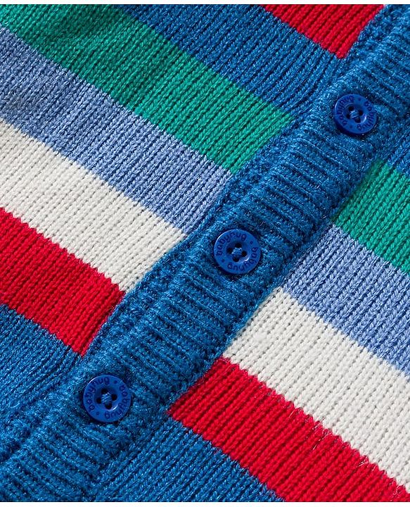 Babyhug Knit Full Sleeves Hooded Front Open Sweater Set with Stripes - Blue