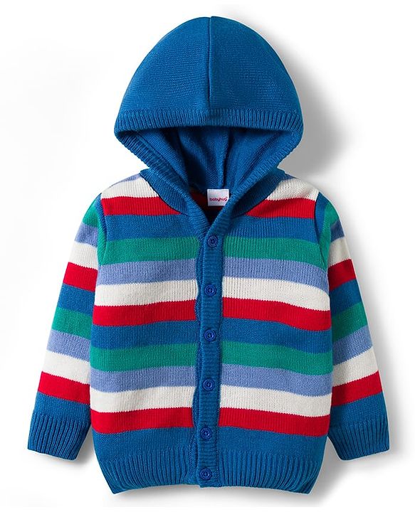 Babyhug Knit Full Sleeves Hooded Front Open Sweater Set with Stripes - Blue
