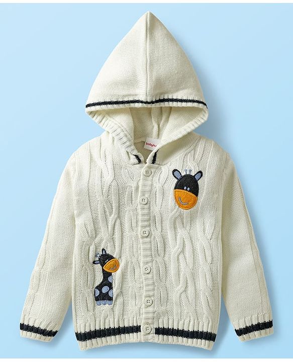 Babyhug Knitted Full Sleeves Front Open Hooded Sweater Set With Cable Knit Design & Giraffe Embroidery - White & Navy Blue