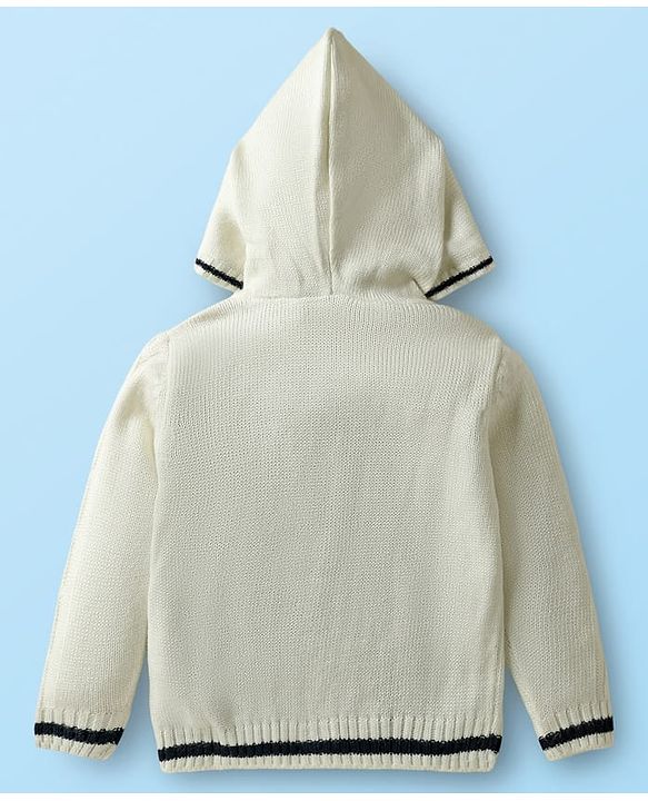 Babyhug Knitted Full Sleeves Front Open Hooded Sweater Set With Cable Knit Design & Giraffe Embroidery - White & Navy Blue