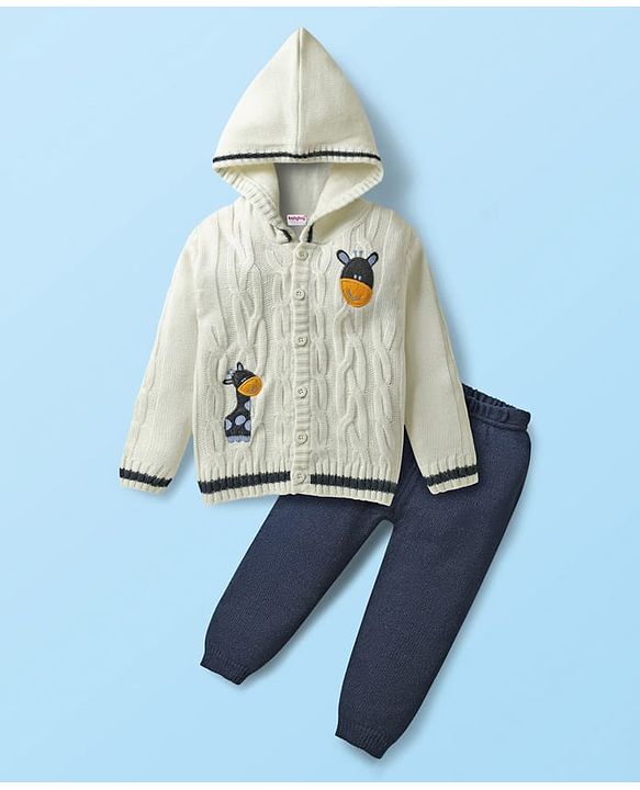 Babyhug Knitted Full Sleeves Front Open Hooded Sweater Set With Cable Knit Design & Giraffe Embroidery - White & Navy Blue