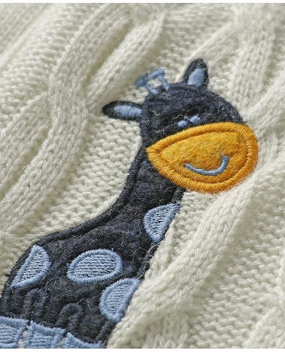 Babyhug Knitted Full Sleeves Front Open Hooded Sweater Set With Cable Knit Design & Giraffe Embroidery - White & Navy Blue