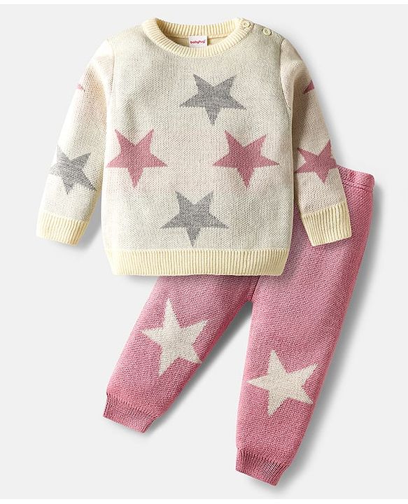 Babyhug Knitted Full Sleeves Pullover Sweater Set With Star Design - Cream & Pink