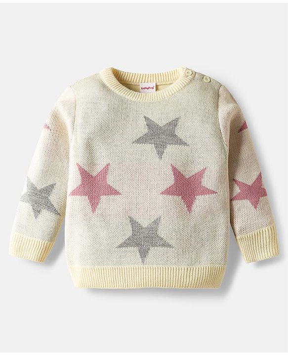 Babyhug Knitted Full Sleeves Pullover Sweater Set With Star Design - Cream & Pink