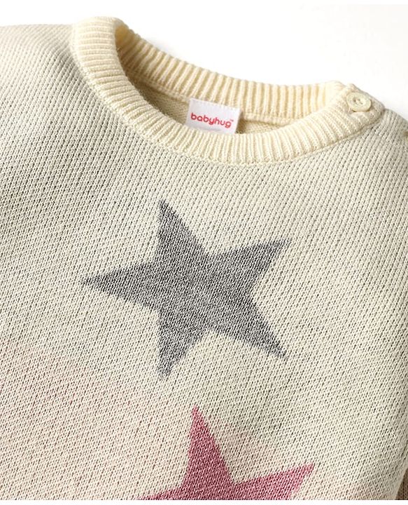 Babyhug Knitted Full Sleeves Pullover Sweater Set With Star Design - Cream & Pink