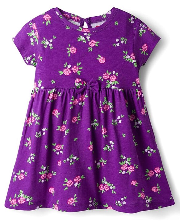 Babyhug Cotton Knit Half Sleeves Floral Printed Frock With Sling Bag & Headbands - Purple