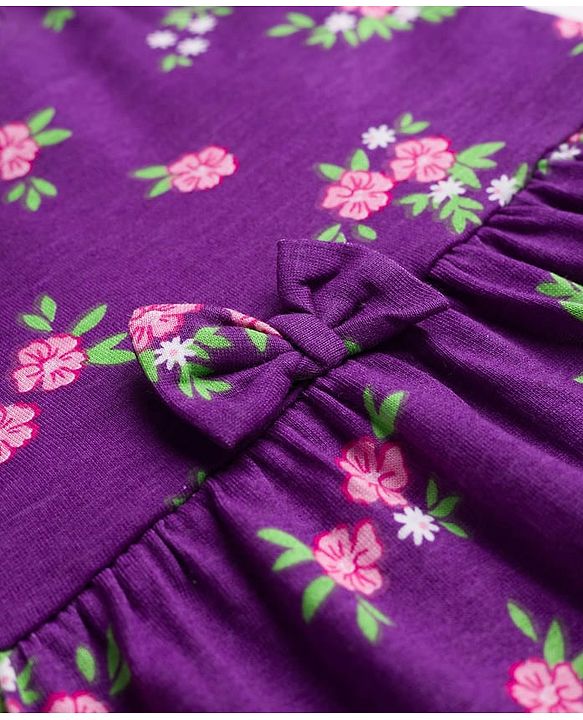 Babyhug Cotton Knit Half Sleeves Floral Printed Frock With Sling Bag & Headbands - Purple