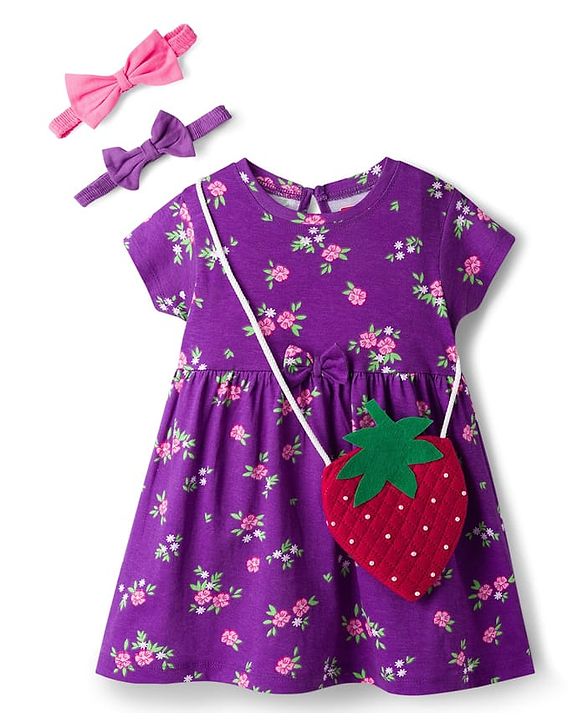 Babyhug Cotton Knit Half Sleeves Floral Printed Frock With Sling Bag & Headbands - Purple
